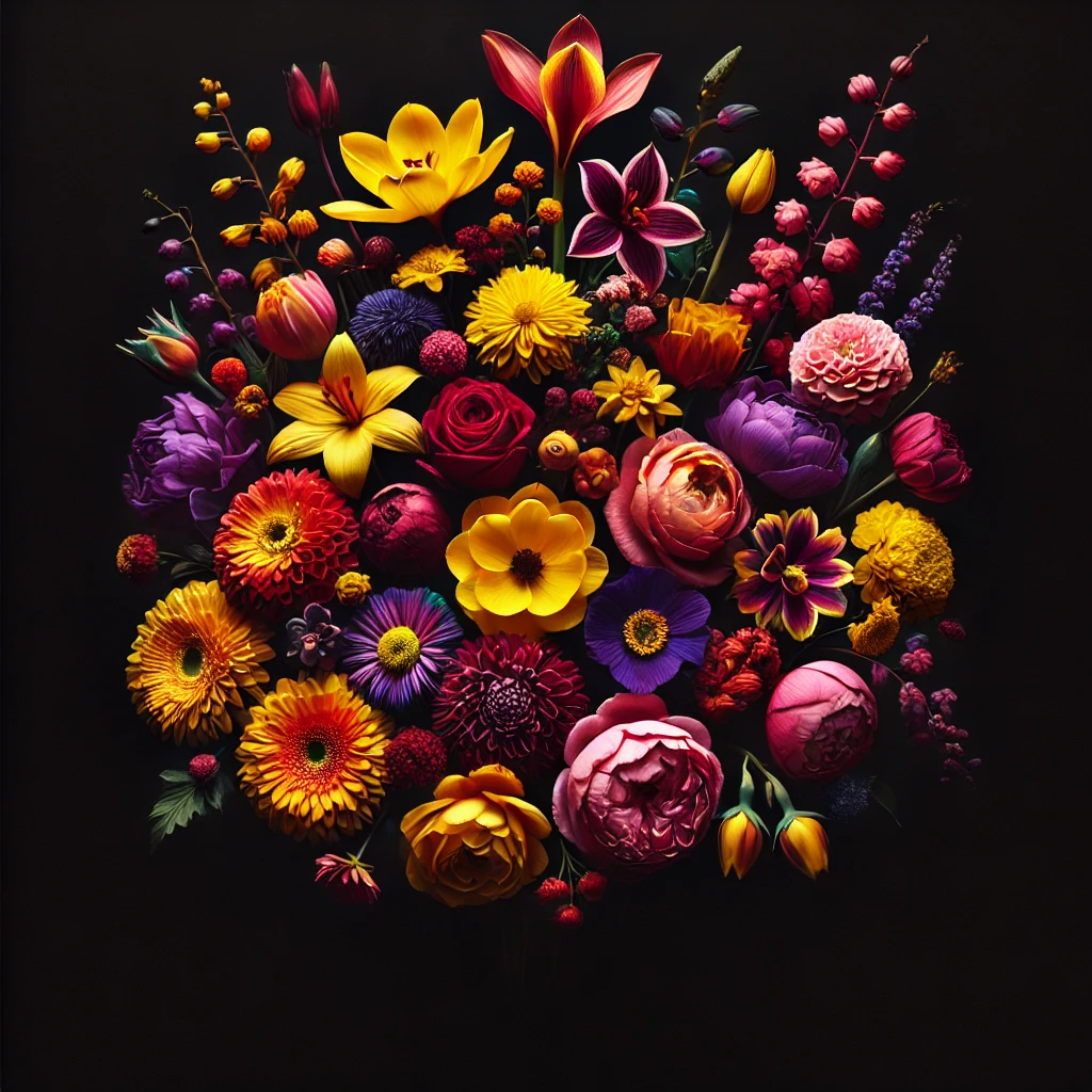 Bunte Blumen vor schwarzem Hintergrund